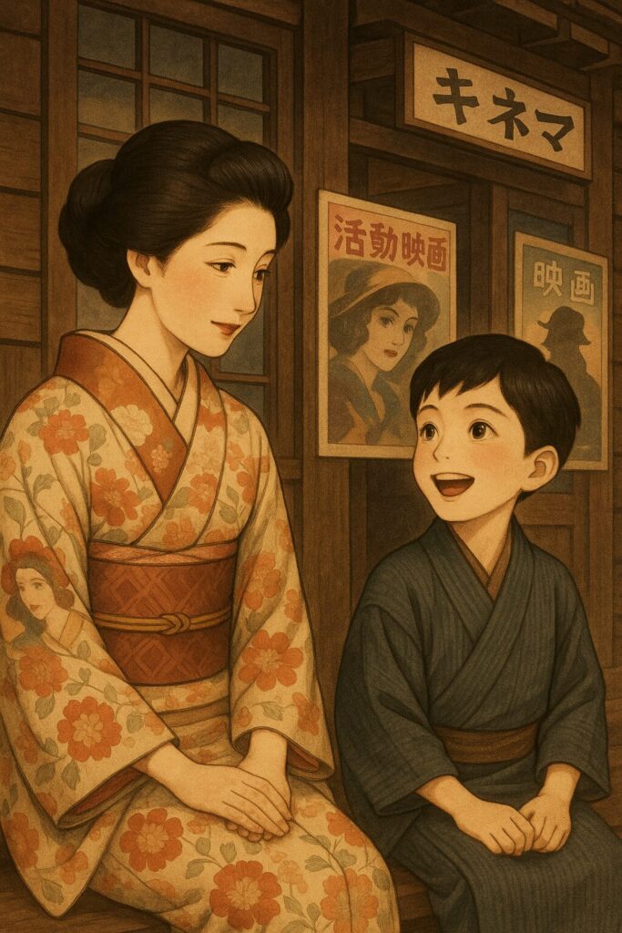 映画館で会話するやなせたかしさん母親