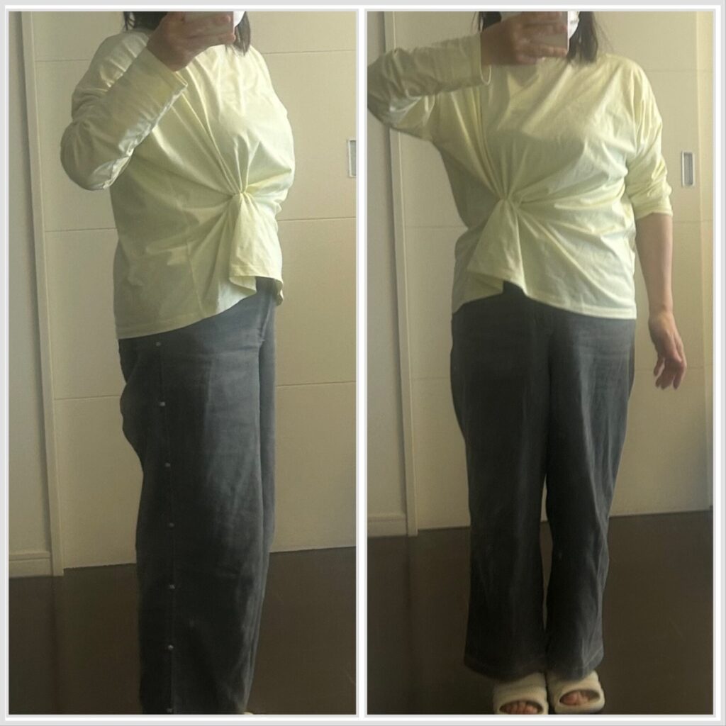 ビッグシルエットのTシャツにゴムを用いてギャザーを入れてサイドから撮影した写真で身が側は中央から撮影した写真