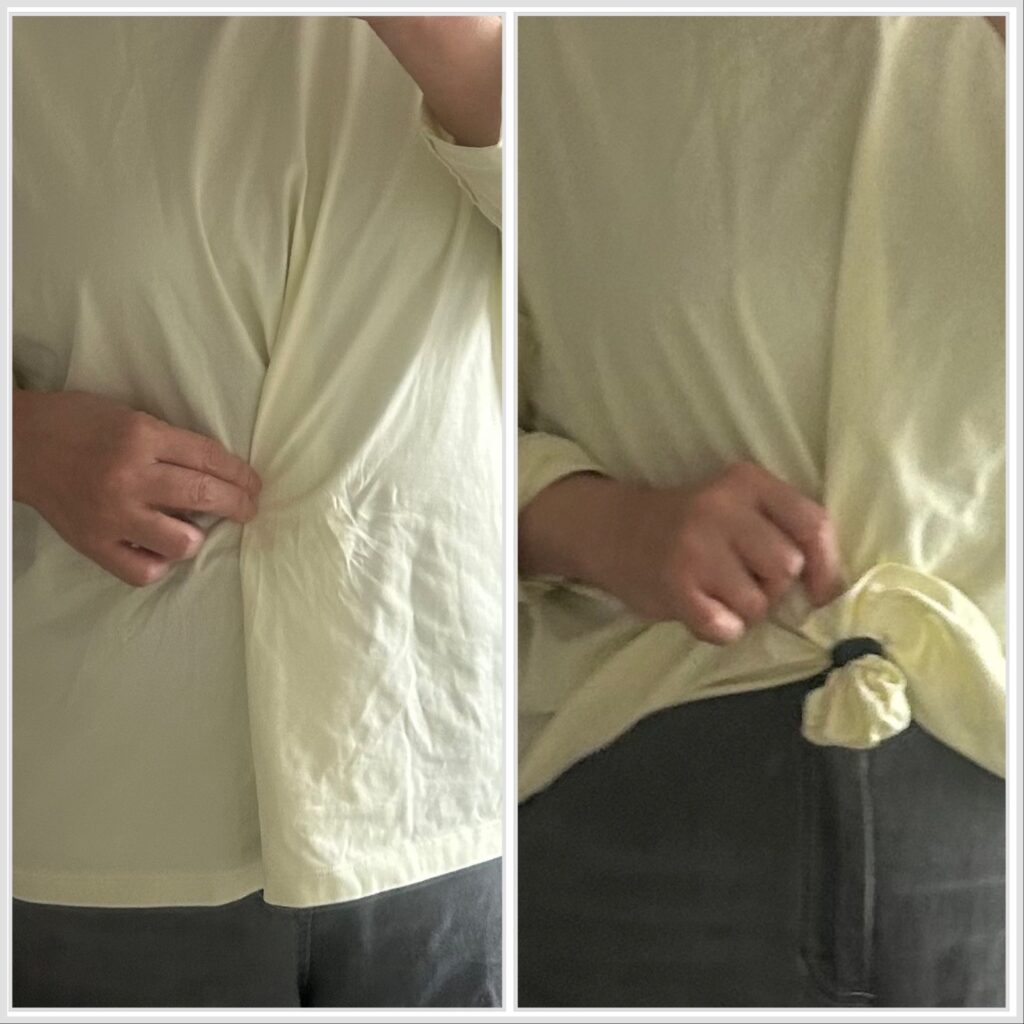 左側はビッグシルエットのシャツの前の部分をゴムを用いて前方を身近丈にした写真にしてワイドジーンズに合わせた合わせた写真。右側は同じシャツをスカートに合わせた写真
