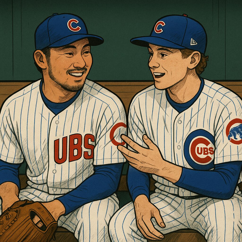ピート・クロウ=アームストロングと鈴木誠也選手がベンチで談笑するイラスト